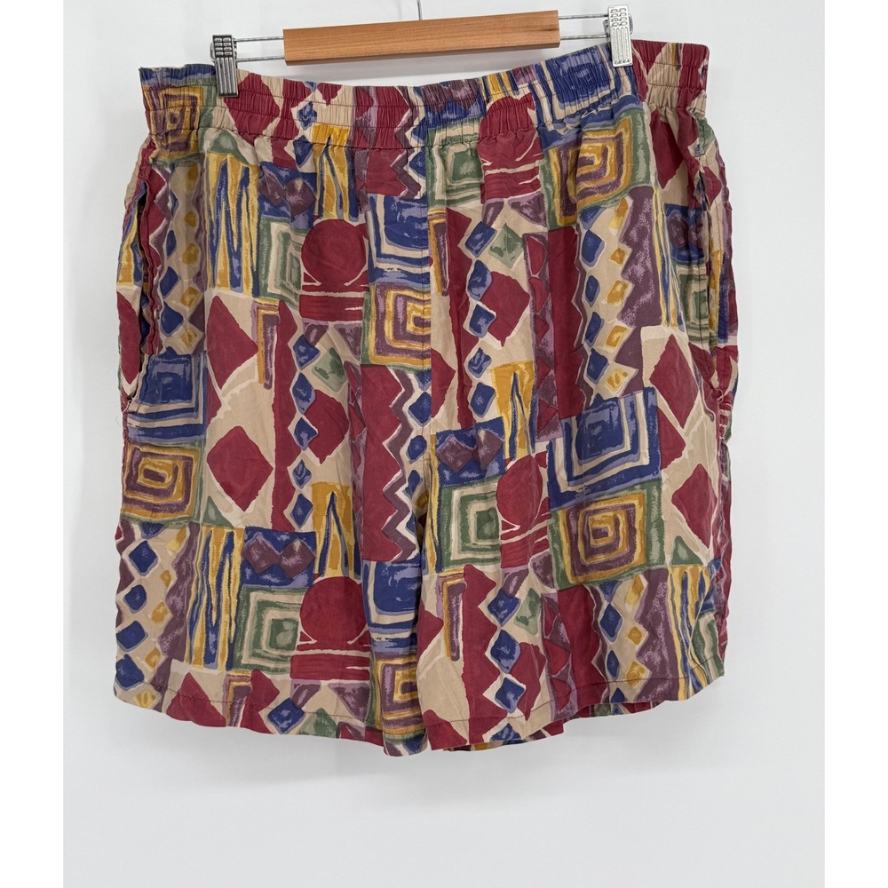 Jane Ashley Woman‎ Vintage 100% Silk Shorts Sz 2X Abstract Geometric Multi-Color